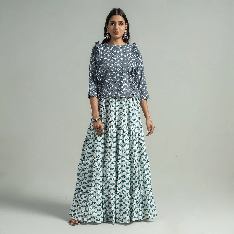 White - Sanganeri Block Printed Tiered Cotton Long Skirt