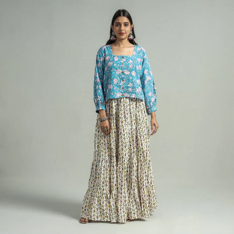 White - Sanganeri Block Printed Tiered Cotton Long Skirt