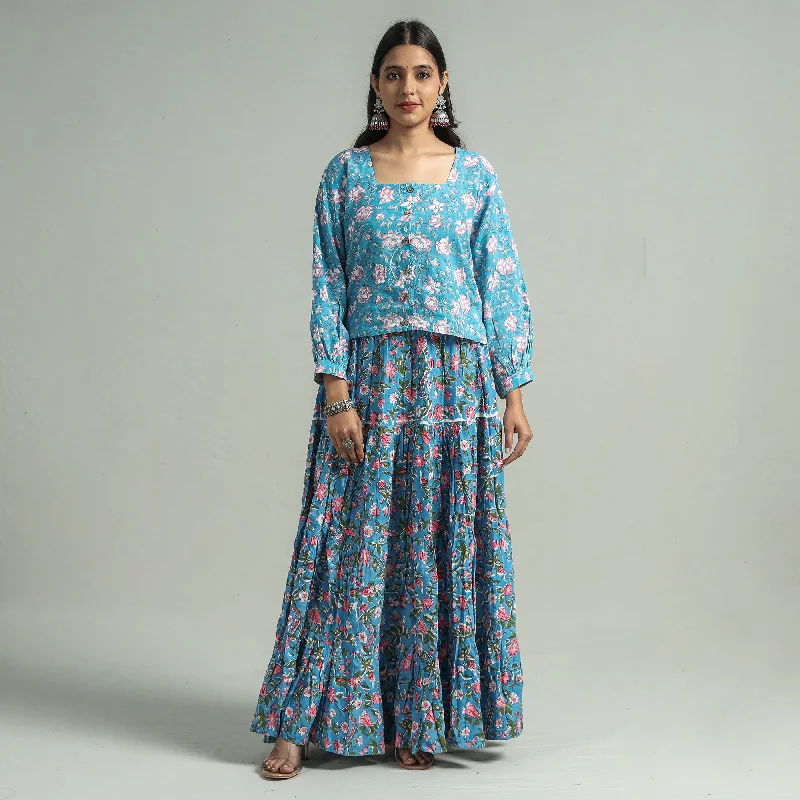 Blue - Sanganeri Block Printed Tiered Cotton Long Skirt