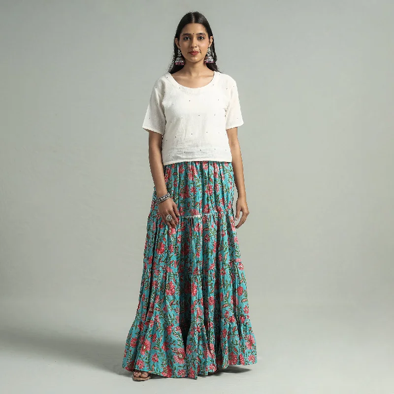 Blue - Sanganeri Block Printed Tiered Cotton Long Skirt