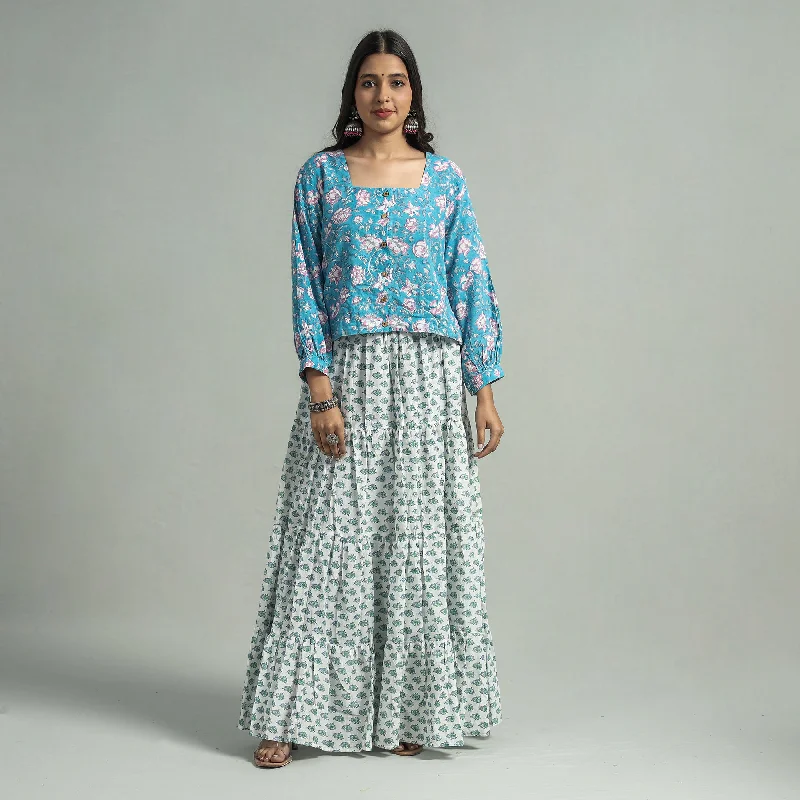 White - Sanganeri Block Printed Tiered Cotton Long Skirt