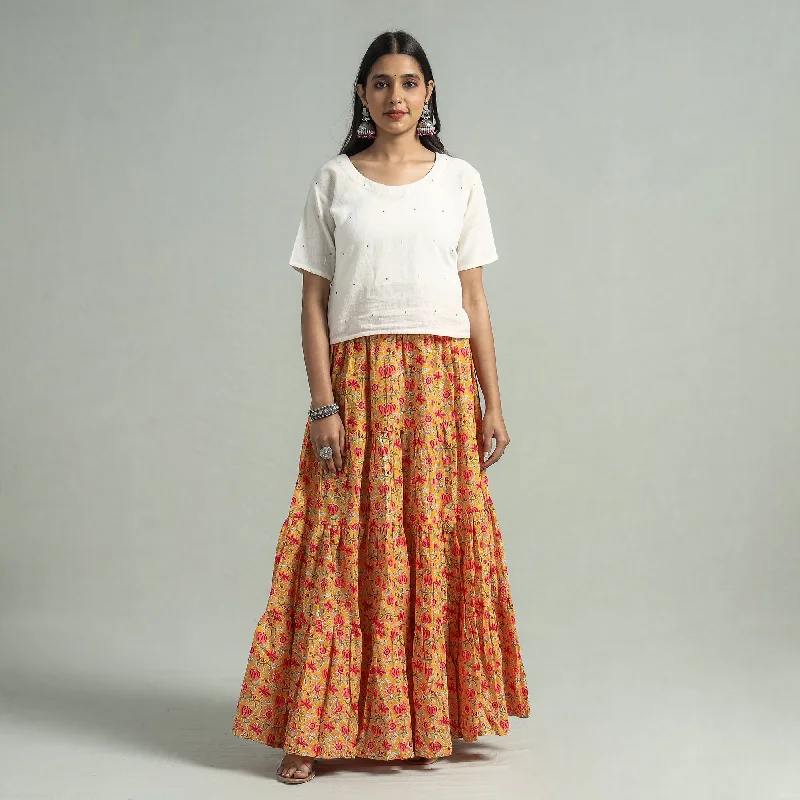 Yellow - Sanganeri Block Printed Tiered Cotton Long Skirt