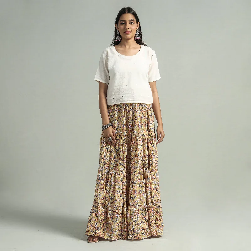 Yellow - Sanganeri Block Printed Tiered Cotton Long Skirt