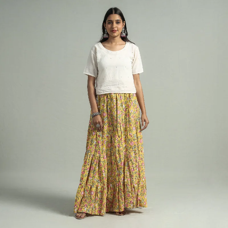 Yellow - Sanganeri Block Printed Tiered Cotton Long Skirt