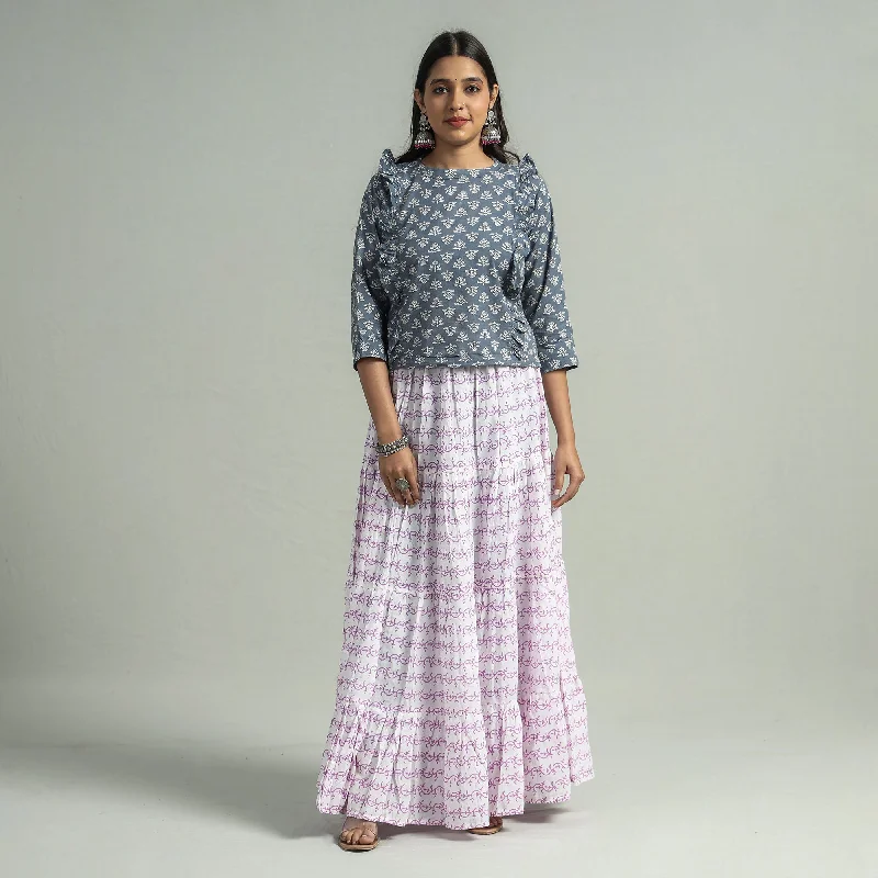 White - Sanganeri Block Printed Tiered Cotton Long Skirt