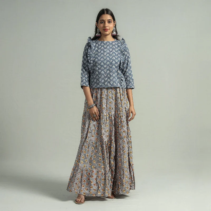 Grey - Sanganeri Block Printed Tiered Cotton Long Skirt