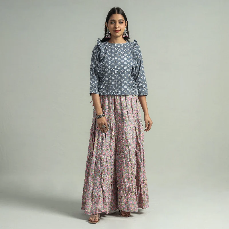 Grey - Sanganeri Block Printed Tiered Cotton Long Skirt