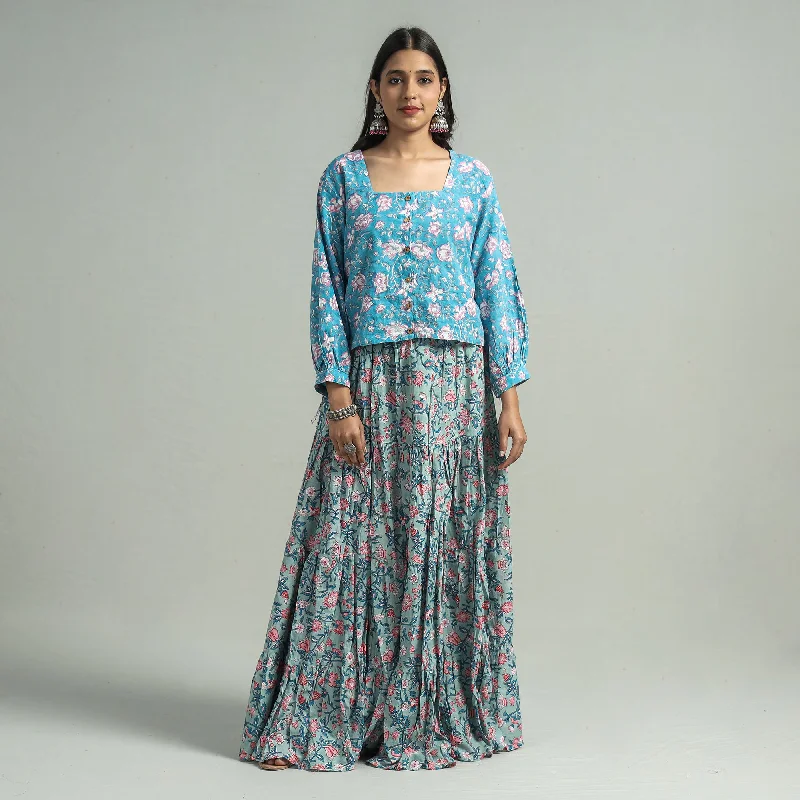 Blue - Sanganeri Block Printed Tiered Cotton Long Skirt