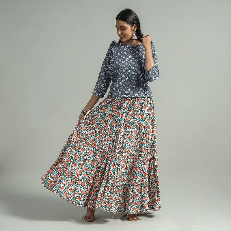 Orange - Sanganeri Block Printed Tiered Cotton Long Skirt