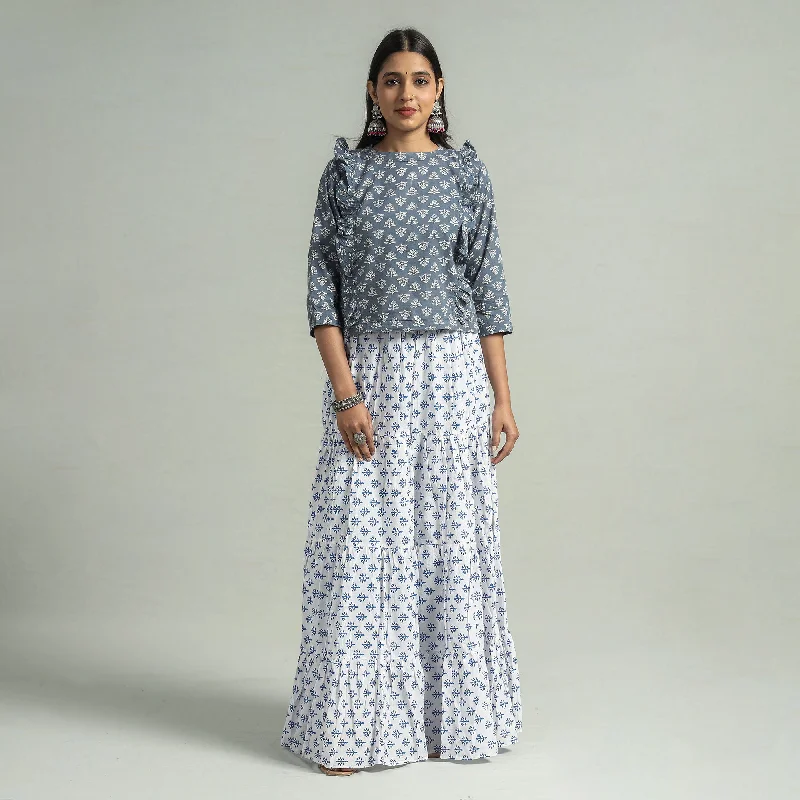 White - Sanganeri Block Printed Tiered Cotton Long Skirt