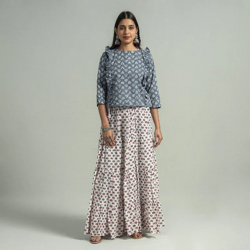 White - Sanganeri Block Printed Tiered Cotton Long Skirt