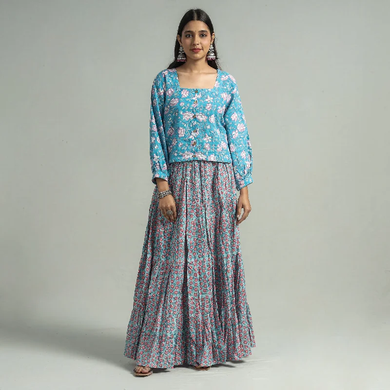 Blue - Sanganeri Block Printed Tiered Cotton Long Skirt