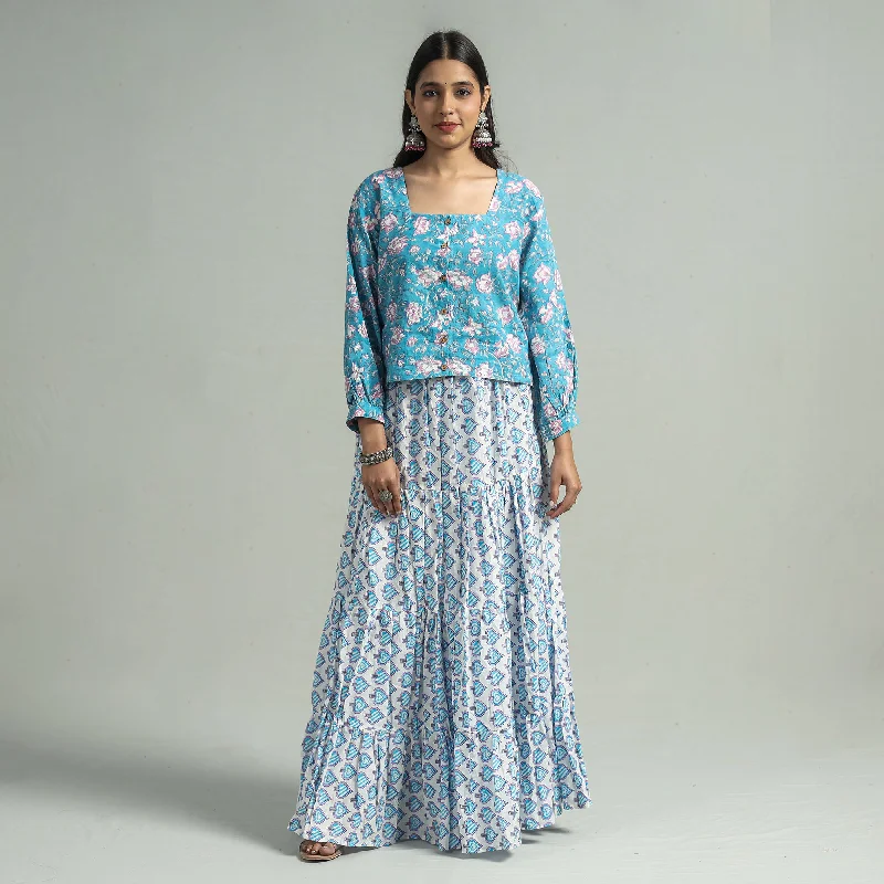 White - Sanganeri Block Printed Tiered Cotton Long Skirt