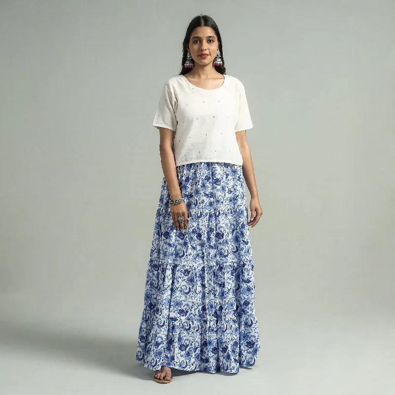 Blue - Sanganeri Block Printed Tiered Cotton Long Skirt