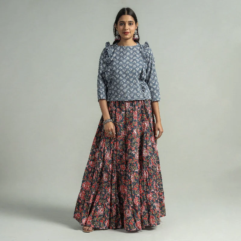 Blue - Sanganeri Block Printed Tiered Cotton Long Skirt