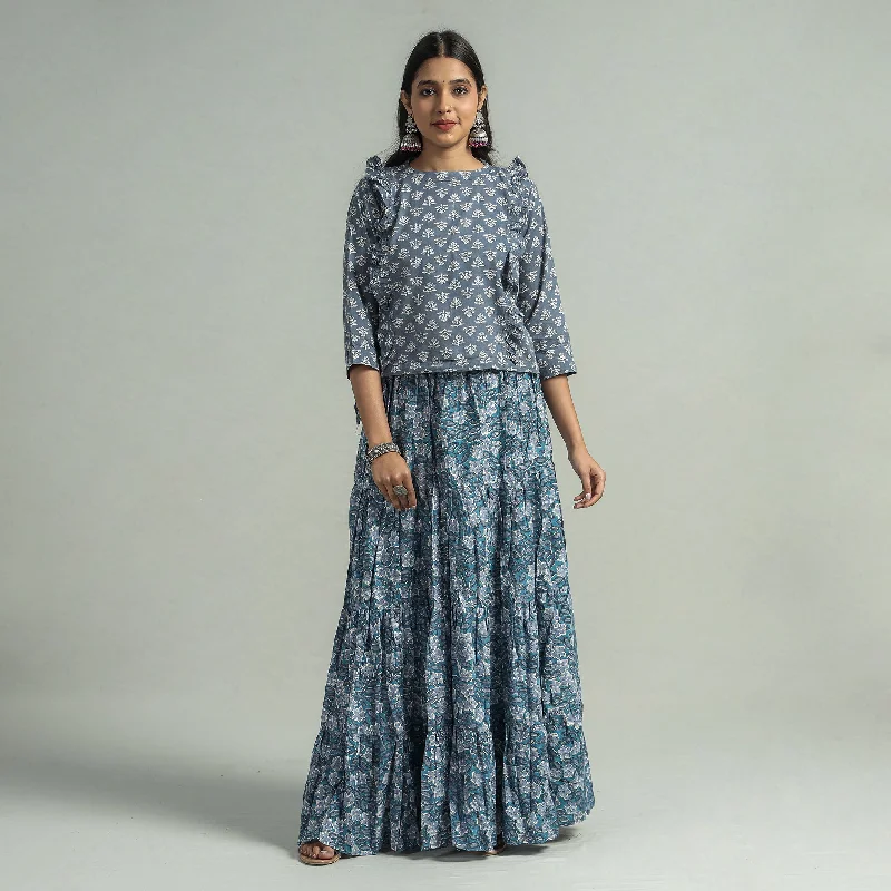 Blue - Sanganeri Block Printed Tiered Cotton Long Skirt