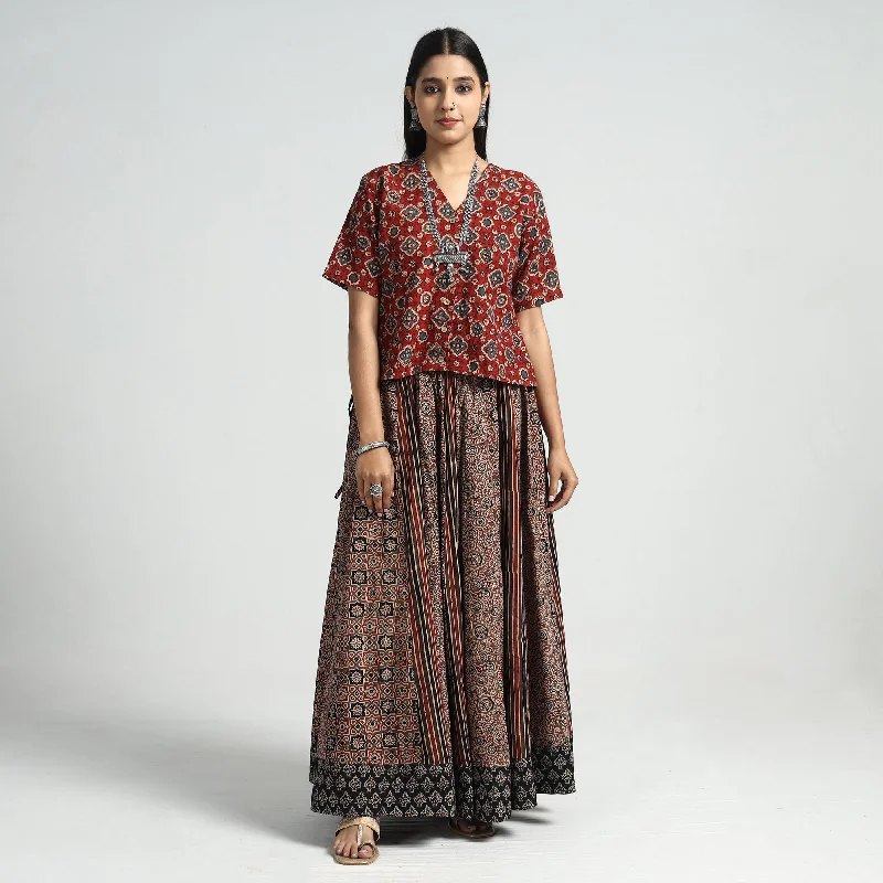 Brown - Ajrakh Block Printed 24 Kali Patchwork Cotton Long Skirt