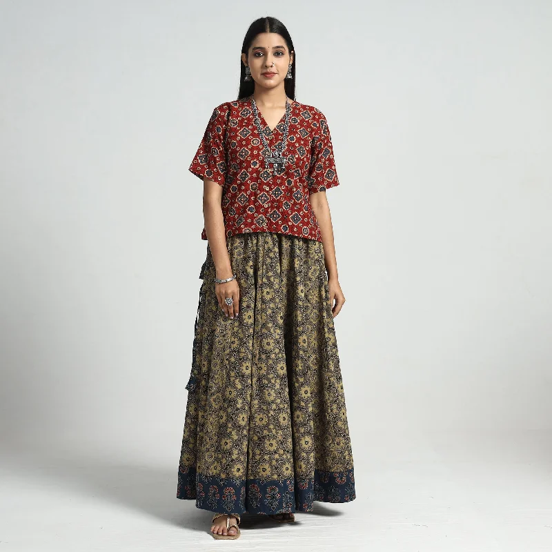 Brown - Ajrakh Block Printed 24 Kali Patchwork Cotton Long Skirt