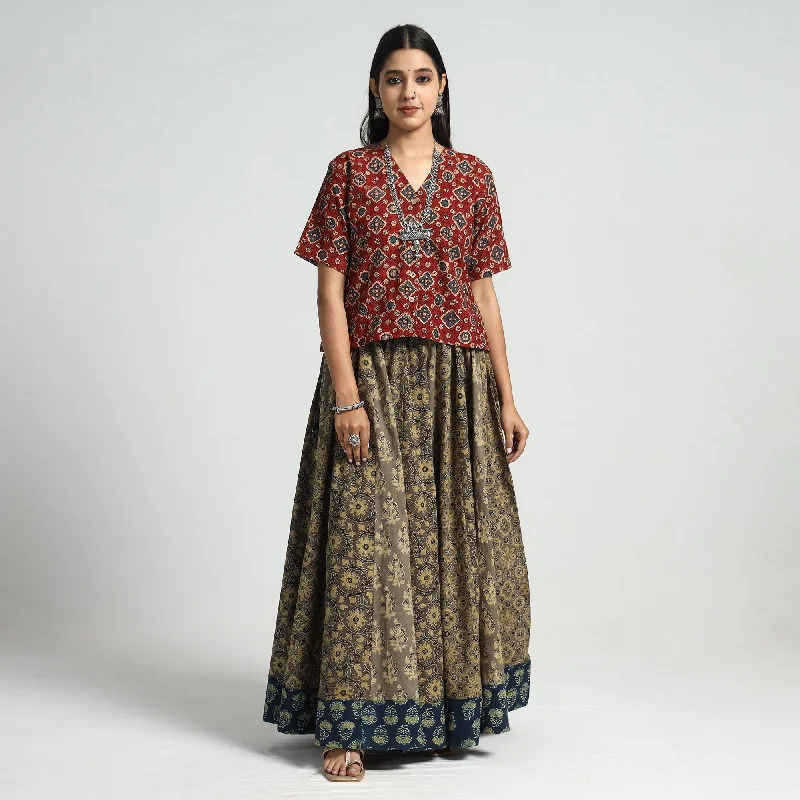 Brown - Ajrakh Block Printed 24 Kali Patchwork Cotton Long Skirt