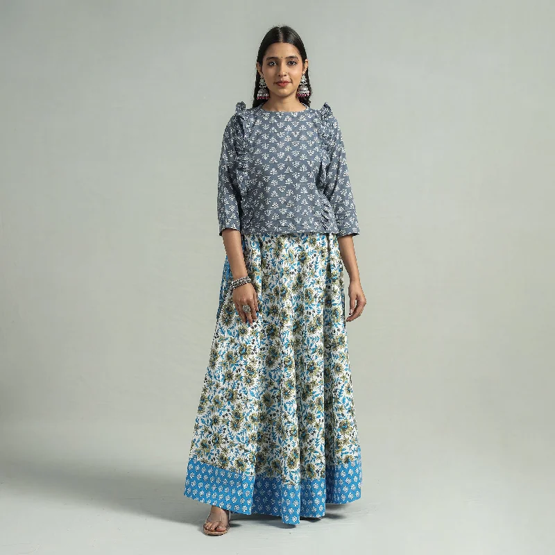 Blue - Sanganeri Block Printed Cotton Long Skirt