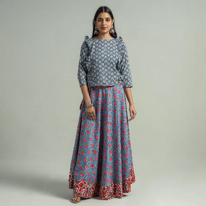 Blue - Sanganeri Block Printed Cotton Long Skirt