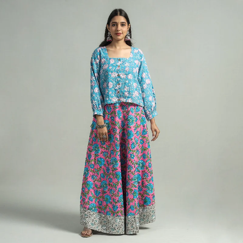 Pink - Sanganeri Block Printed Cotton Long Skirt