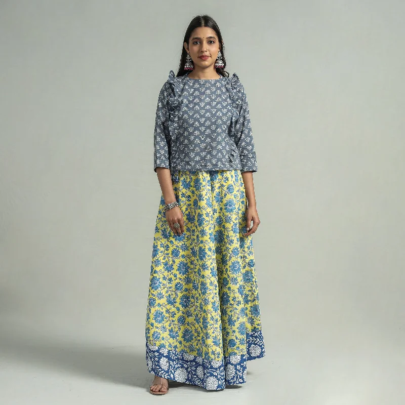 Yellow - Sanganeri Block Printed Cotton Long Skirt