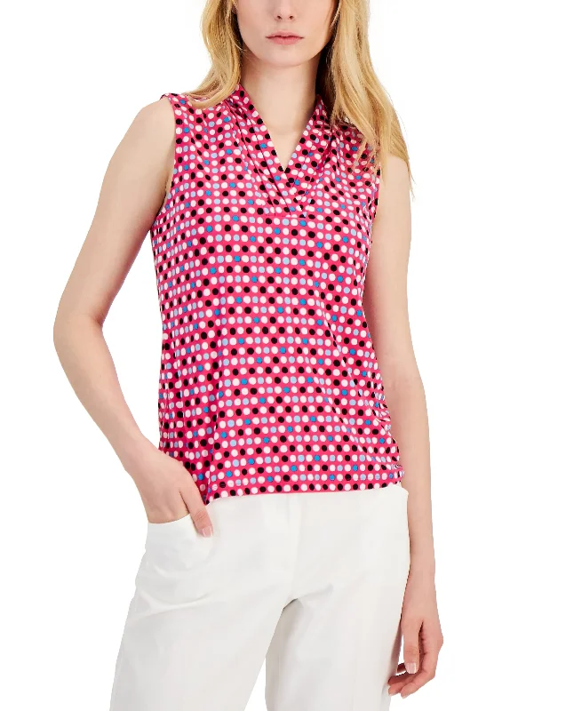 Anne Klein Petite Printed Pleat Neck Sleeveless Top