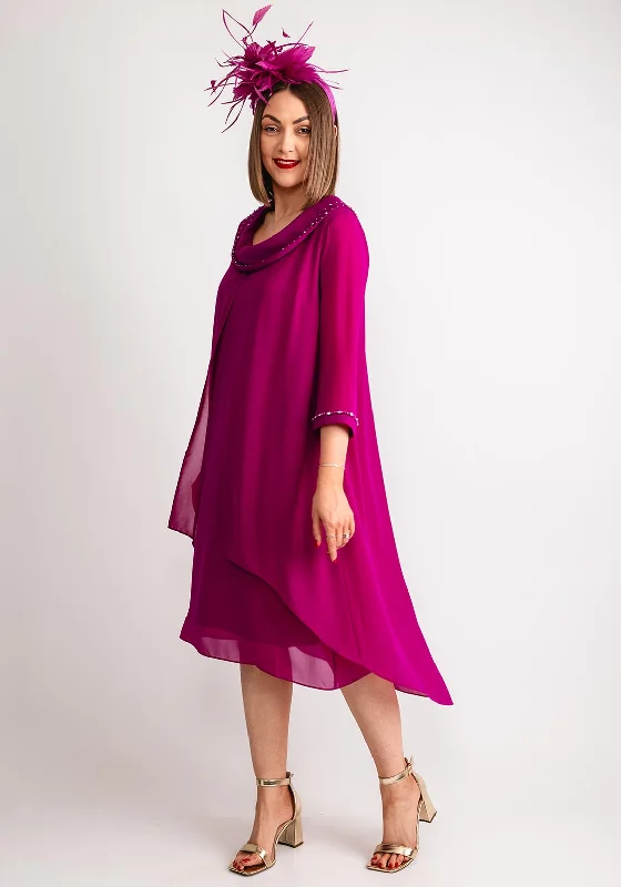 Lizabella Chiffon Layered Cowl Neck Dress, Fuchsia Pink