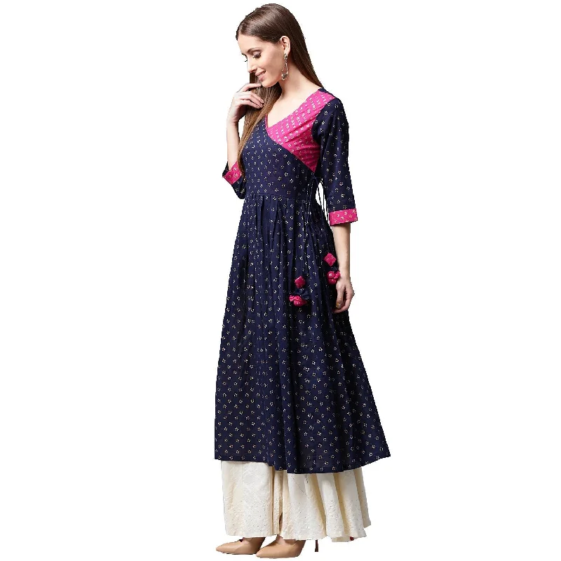 Noz2Toz Navy Blue Printed 3/4Th Sleeve Cotton Anghrakha Style Anarkali Kurta