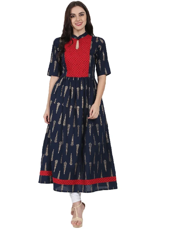 Noz2Toz Navy Blue Printed Half Sleeve Cotton Floor Length Anarkali Kurta