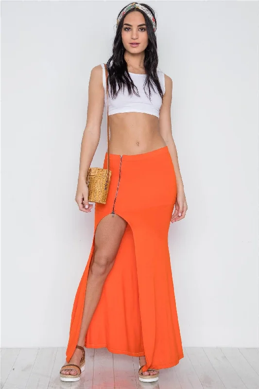 Orange Solid Zip-Front Side-Slit Maxi Skirt