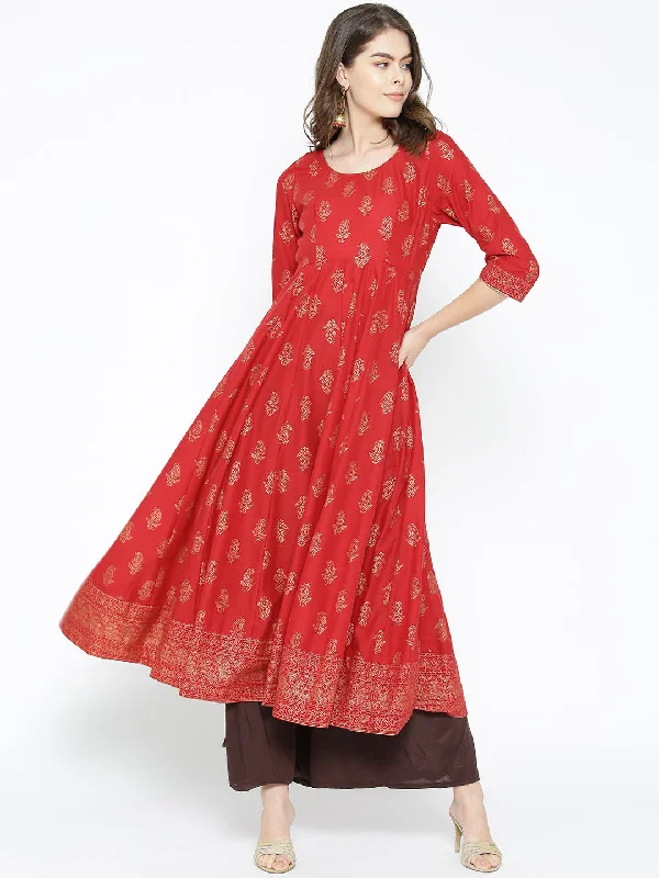 NOZ2TOZ Women's Cotton Red Stylish Anarkali kurta