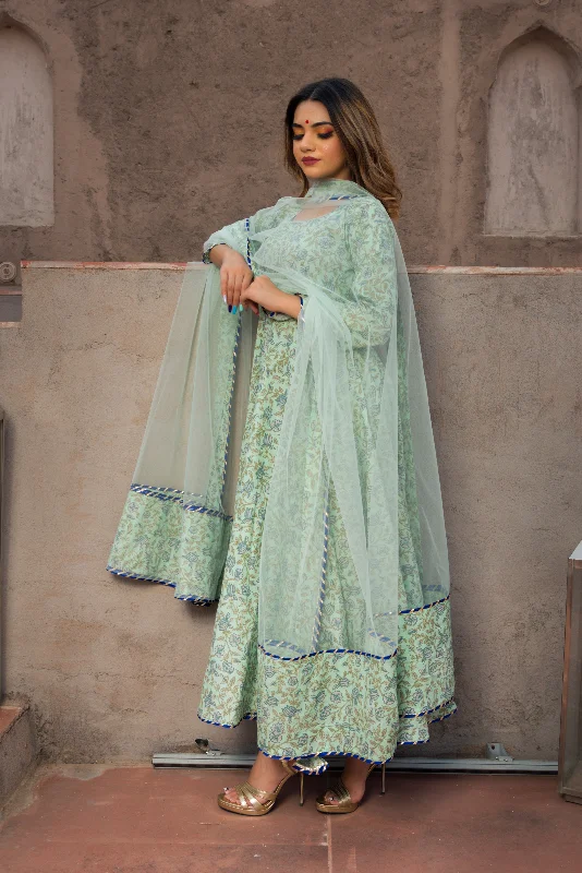 Pomcha Jaipur Aqua Green Hand Block Print Anarkali Set