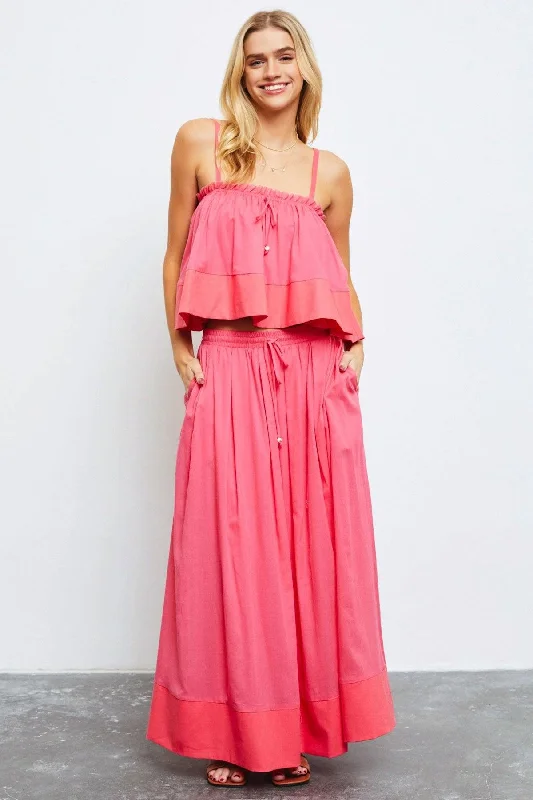 Western Boho Colorblock Front Tie Elastic Waist Maxi Skirt