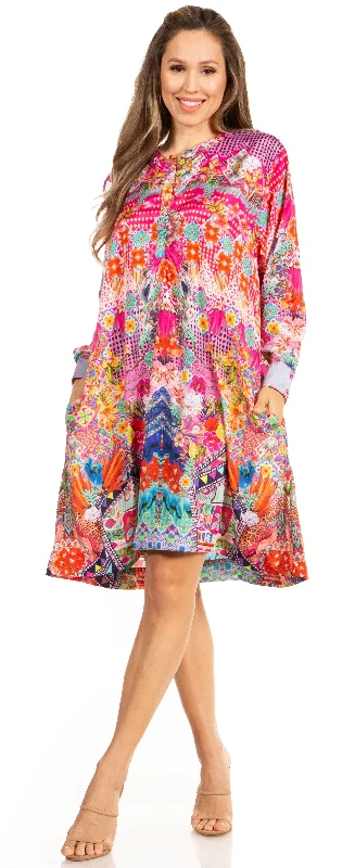 Floral Print Women's Long Sleeve Tunic Dress with Pockets - Sakkas Eloisa