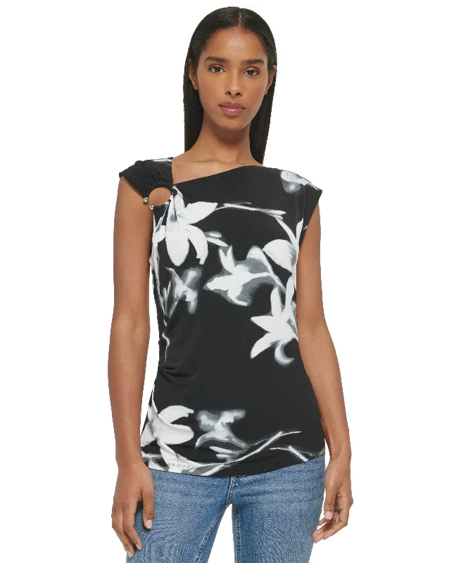 Sleeveless Printed Asymmetrical Neck Ring Hardware Top