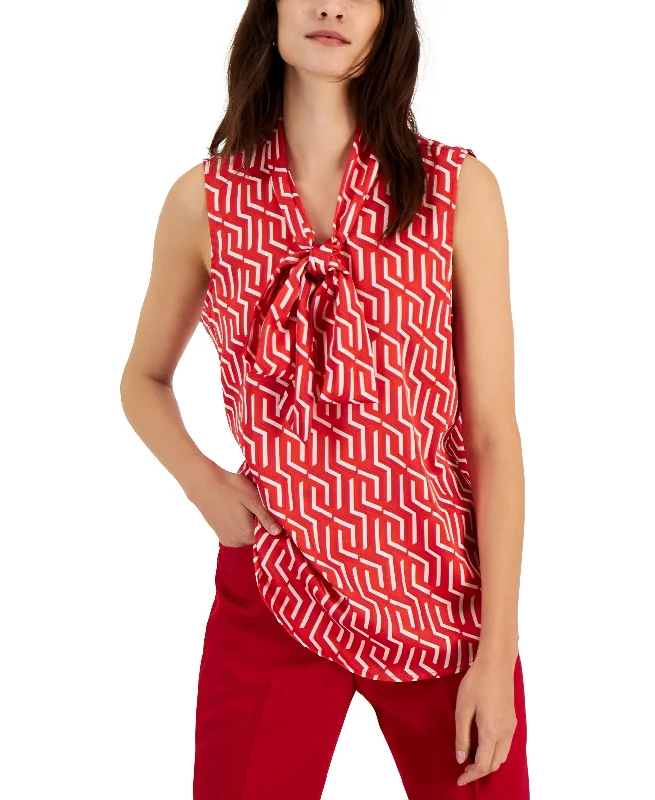 Tahari Asl Womens Printed Sleeveless Bow Neck Top