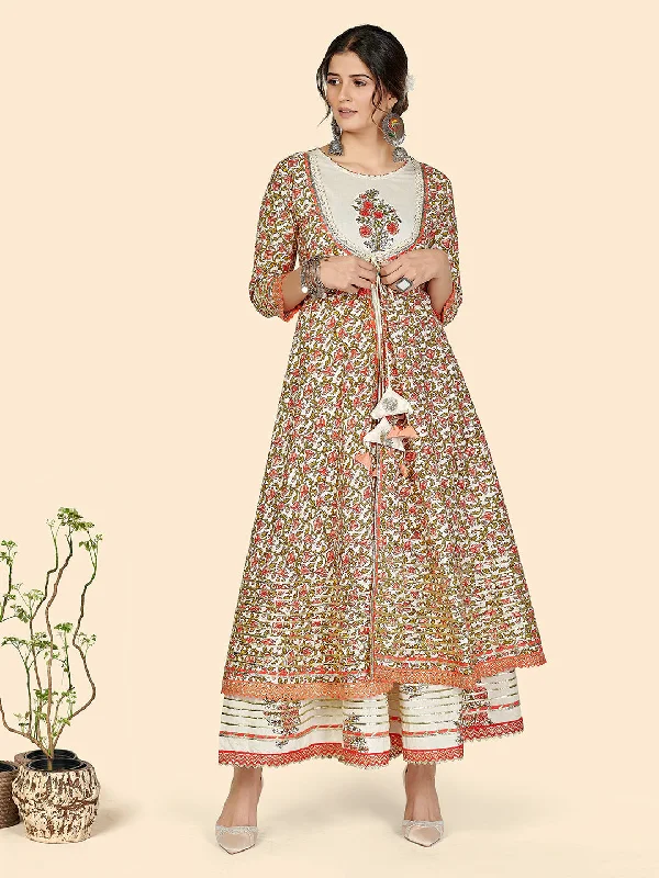 NOZ2TOZ Women's Print & Hand Work Anarkali Cotton Cream Stitched Kurta With Shrug