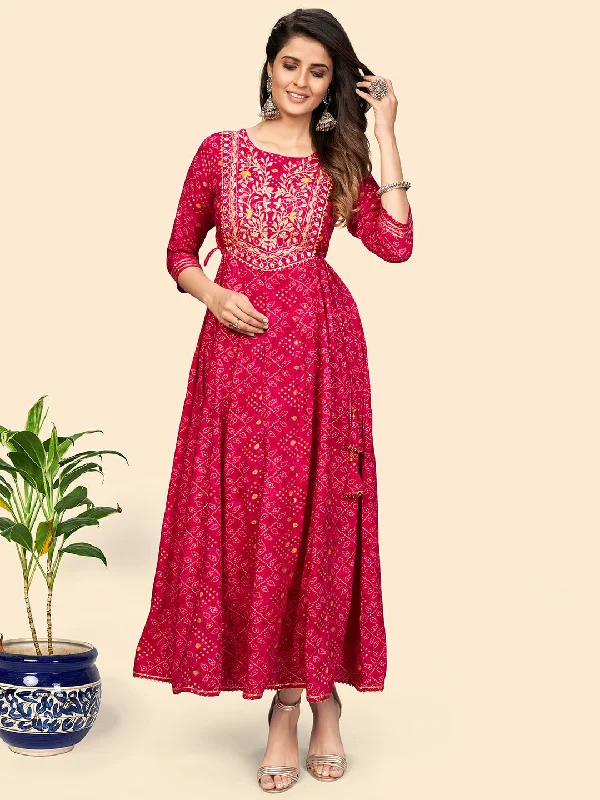 NOZ2TOZ Women's Printed & Embroidered Anarkali Rayon Pink Stitched Kurta