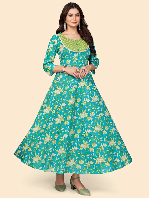 NOZ2TOZ Women's Floral Print Anarkali Cotton Turquoise Stitched Kurta