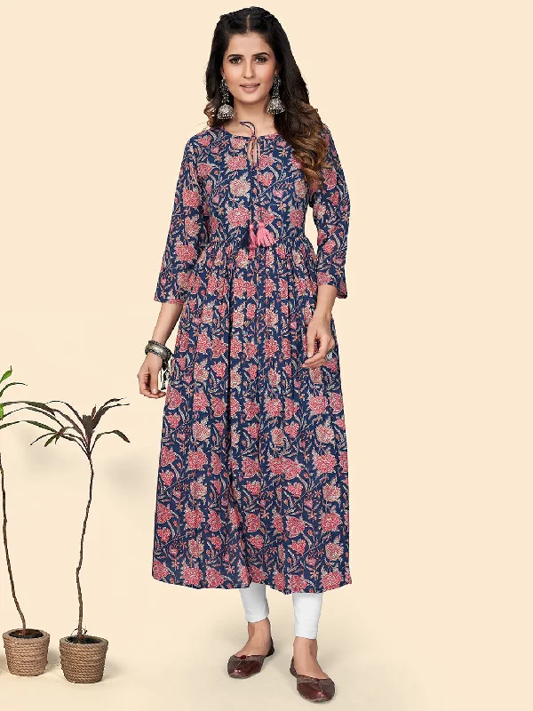 NOZ2TOZ Women's Floral Print Anarkali Cotton Blue Stitched Kurta