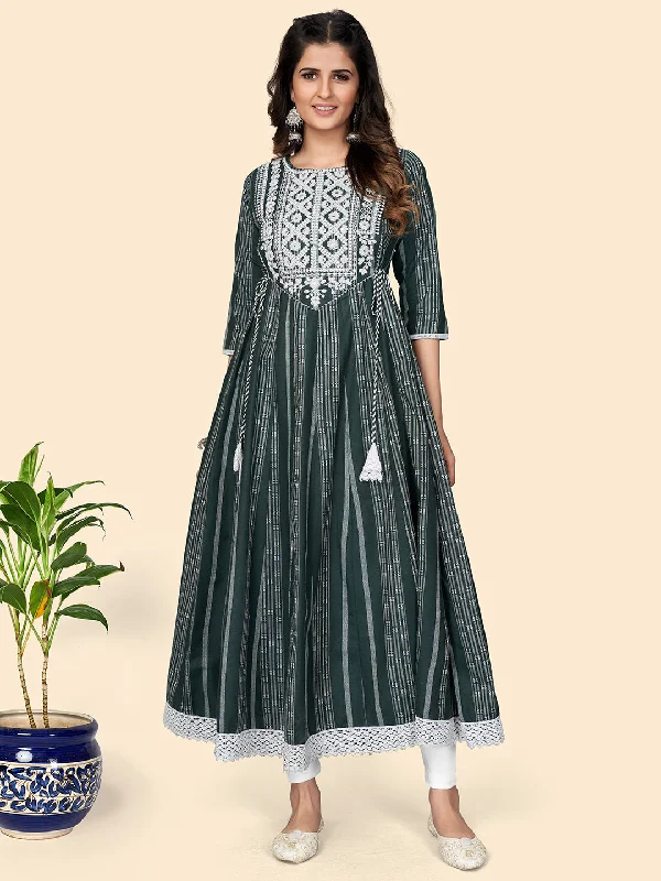 NOZ2TOZ Women's Print & Embroidered Anarkali Cotton Green Stitched Kurta