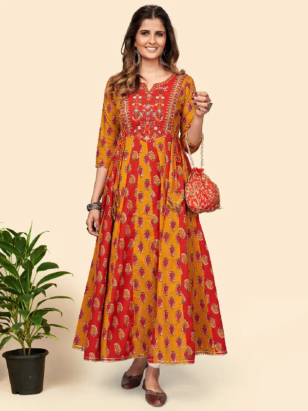 NOZ2TOZ Women's Print & Embroidered Anarkali Cotton Bland Yellow Stitched Kurta