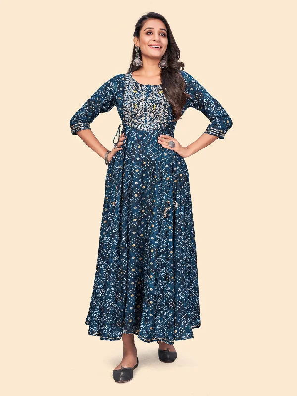 NOZ2TOZ Women's Printed & Embroidered Anarkali Rayon Blue Stitched Kurta