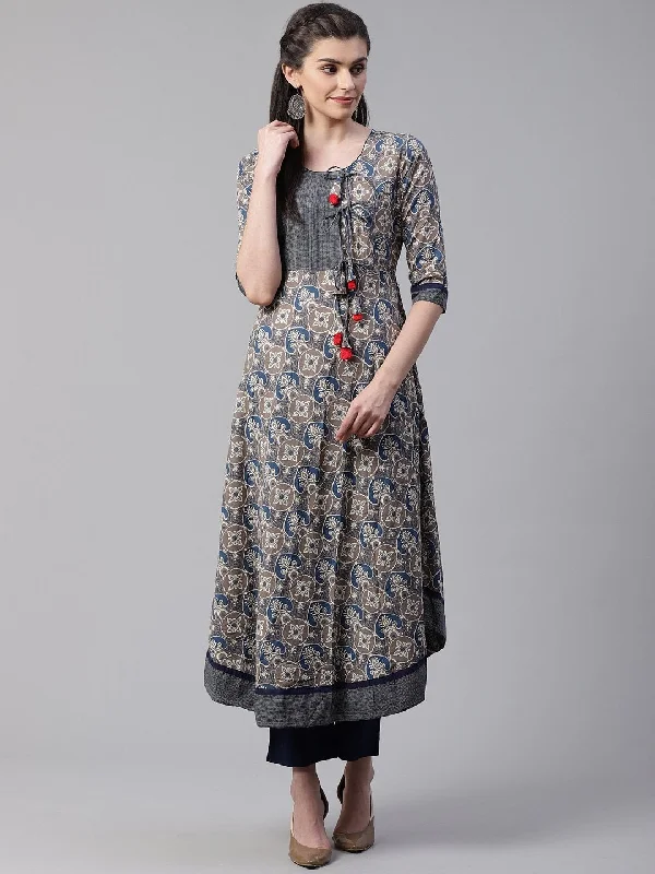 NOZ2TOZ Women's Blue And Grey Cotton Anarkali