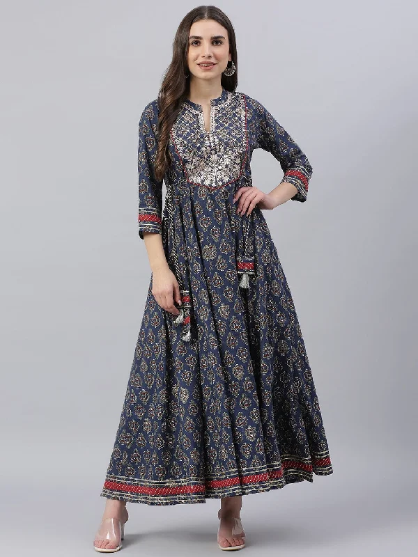 NOZ2TOZ Women's Blue Cotton Anarkali Kurta