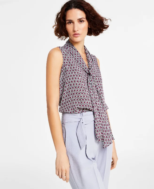 Women's Geo Print Sleeveless Bow-Tie Blouse