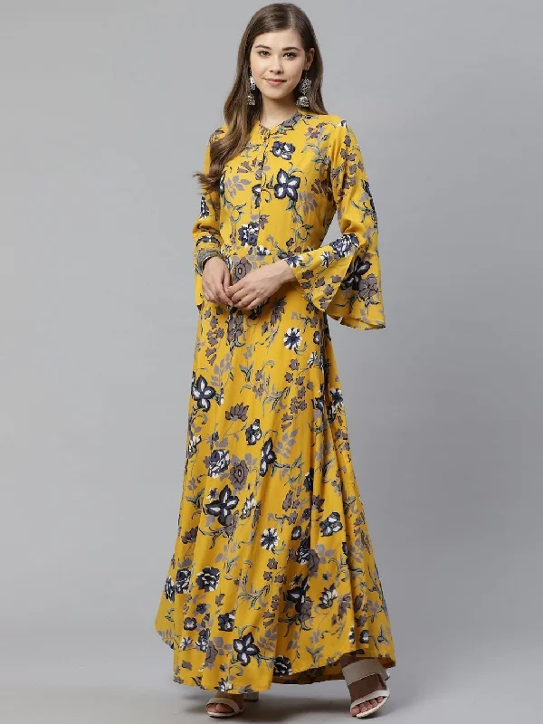 NOZ2TOZ Women's Mustard Rayon Anarkali Kurta