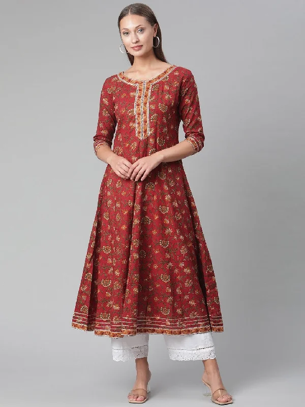 NOZ2TOZ Women's Red Flaired Cotton Anarkali Kurta